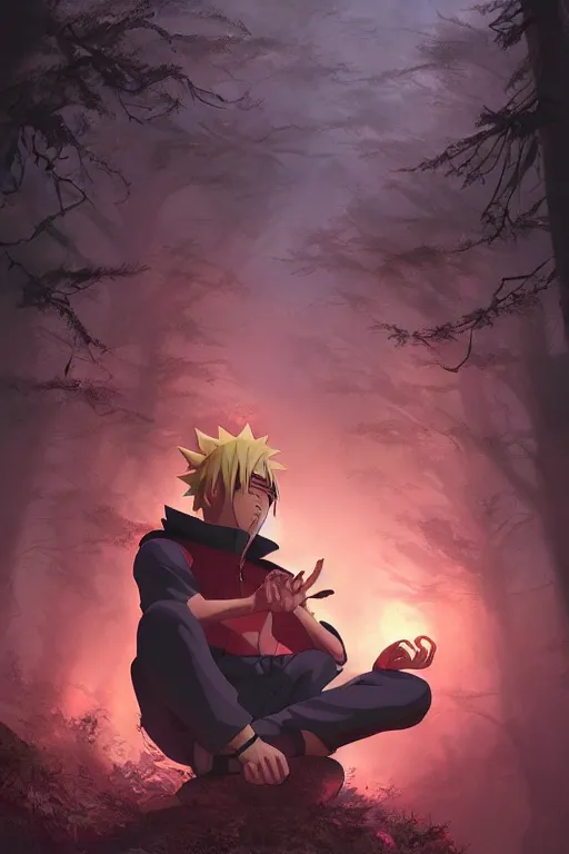 Prompt: photorealistic dark fantasy concept art of Naruto meditating in a forest, dynamic lighting, stunning visuals, realism, cinematic, hyper detailed, ultra detailed, beautiful visuals and sunset