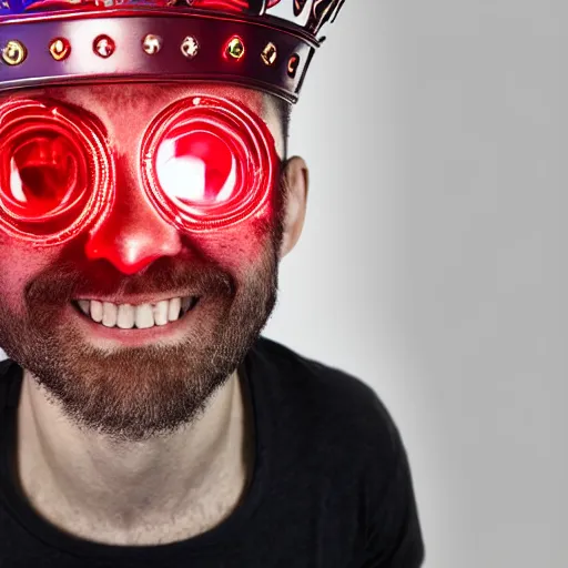Prompt: man with a crown, smirk, photograph, black background, glowing red eyes, grin