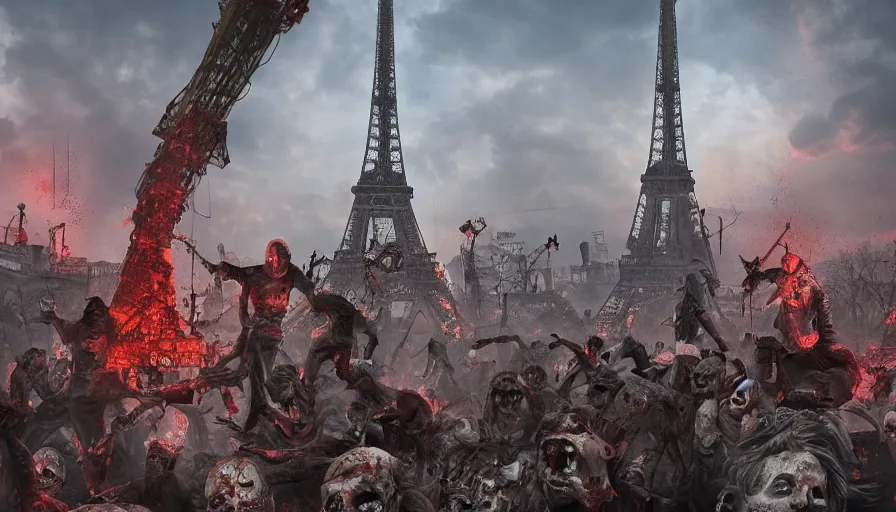 Prompt: paris invaded by zombies with survivors on roofs, destroyed eiffel tower, hyperdetailed, artstation, cgsociety, 8 k