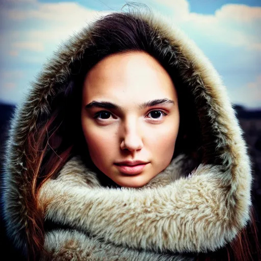 Image similar to a masterpiece portrait photo of a beautiful young woman who looks like an eskimo gal gadot, symmetrical face, random background scene