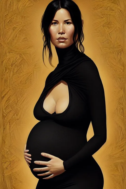 Image similar to pregnant olivia munn in a black dress, realistic portrait, symmetrical, highly detailed, digital painting, artstation, concept art, smooth, sharp focus, illustration, cinematic lighting, art by artgerm and greg rutkowski and alphonse mucha