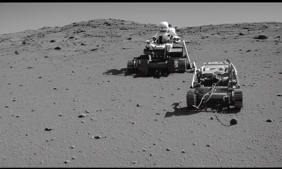 Image similar to 35mm film still, robot lawnmower on mars