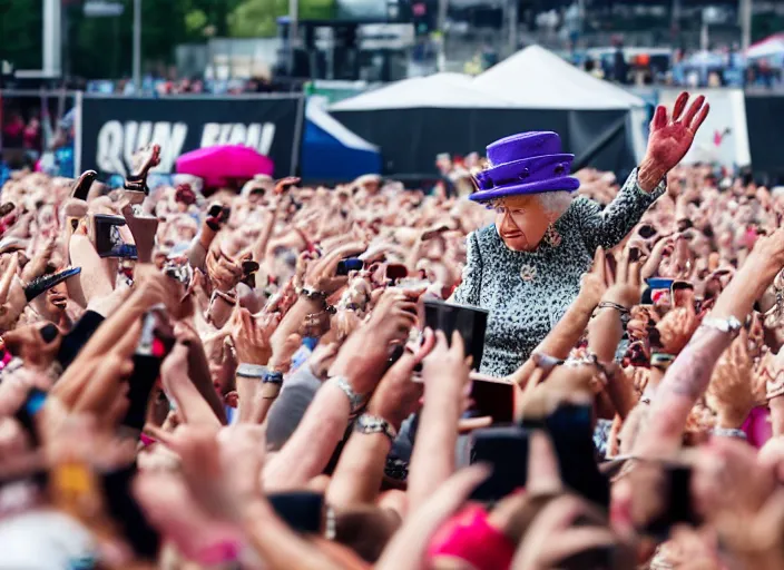 Image similar to photo still of queen elizabeth at vans warped tour!!!!!!!! at age 7 0 years old 7 0 years of age!!!!!!! throwing down in the mosh pit, 8 k, 8 5 mm f 1. 8, studio lighting, rim light, right side key light