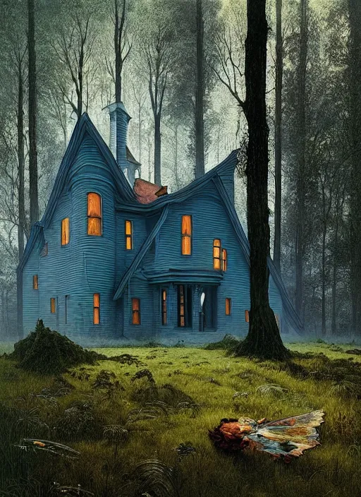 Image similar to hyper realistic witchy modern gothic house with mood lighting and tech in the woods gorgeous lighting, sunbeams blue sky, highly detailed, lush forest foliage painting by zdzisław beksinski and norman rockwell and greg rutkowski weta studio, and lucasfilm