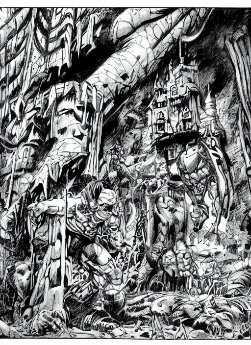 Image similar to detailed comic book drawing of a fantasy castle in the jungle by randy vargas and simon bisley and jack kirby