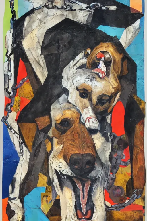 Image similar to mad dog on a chain, collage, acrylic on canvas, expressionism movement, breathtaking detailed, by blake neubert