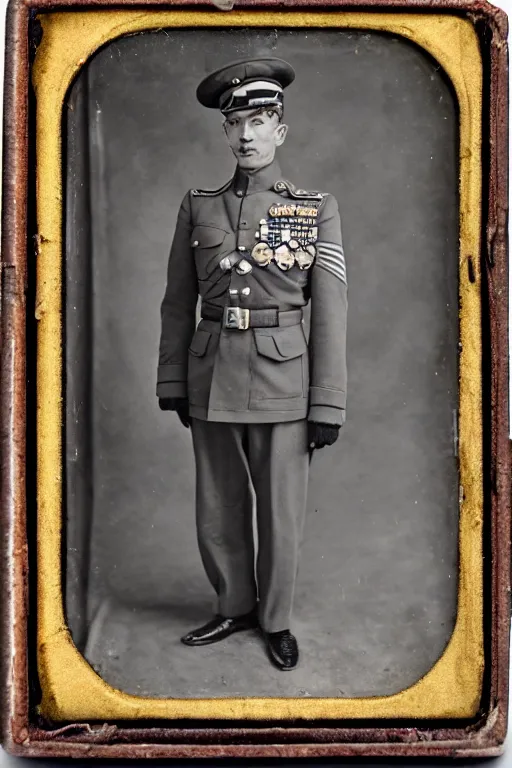 Image similar to 1 9 4 0 s daguerreotype of portrait of an alien in a world war ii marshal's outfit, ornate, illustration, full body, military,