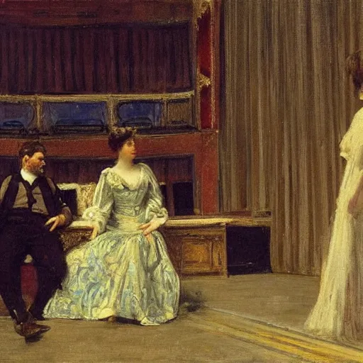 Image similar to a young man watching an actress on stage in an old theater, by alfred stevens