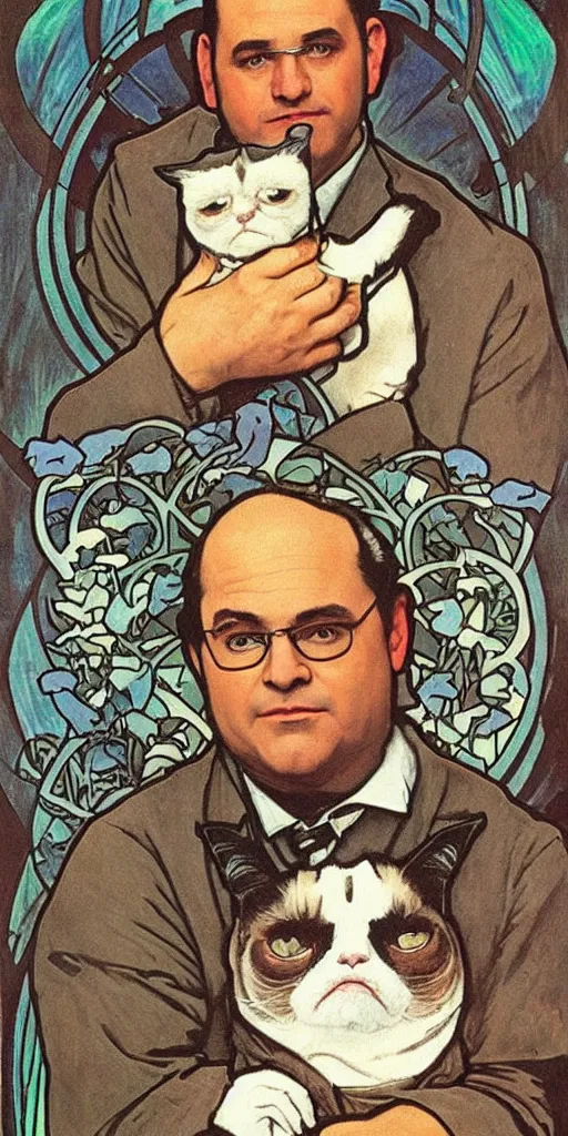 Image similar to “ george costanza from seinfeld holding grumpy cat, halo, art nouveau, extremely detailed, by alphonse mucha ”