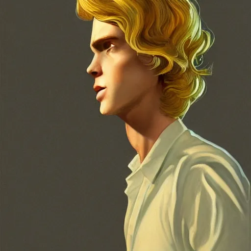 Image similar to the androgynous prince Lucius, head and shoulders masterpiece, pale porcelain skin with long fluffy blond curly hair, in rapture, golden hour, white poet shirt, artstation, in the style of Art Deco and Edward Hopper and Bosch, extremely detailed