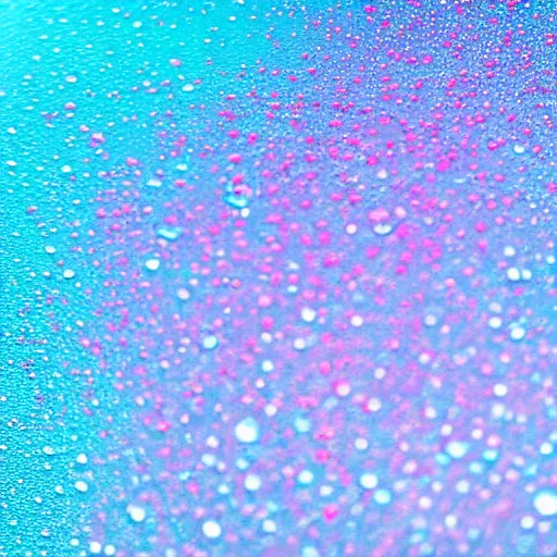 Prompt: photo of a soda. The label is blue with pink sparkles, green bubbles are floating out of the top. Condensation drips down the side. High contrast, bright colors, gritty detail