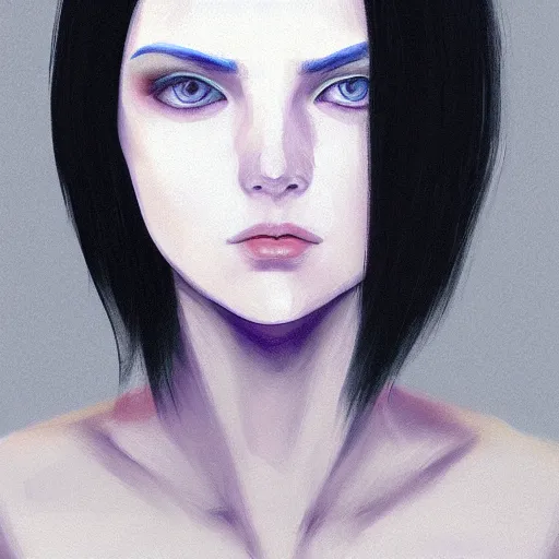 Prompt: « portrait, attractive, blue eyes, black hair, middle length hair, ghost in the shell, front view, digital painting »