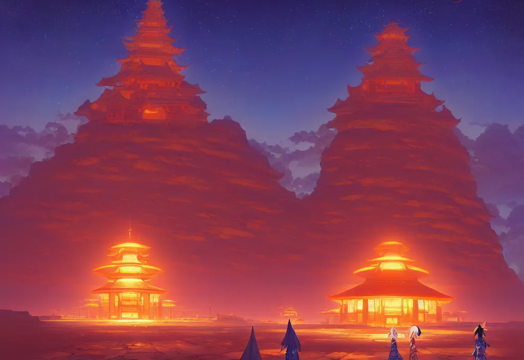 Prompt: a small chubby futuristic temple in the desert at night, intricate oil painting, high detail illustration, sharp high detail, manga and anime 1 9 9 9, official fanart behance hd artstation by jesper ejsing and makoto shinkai, 4 k,