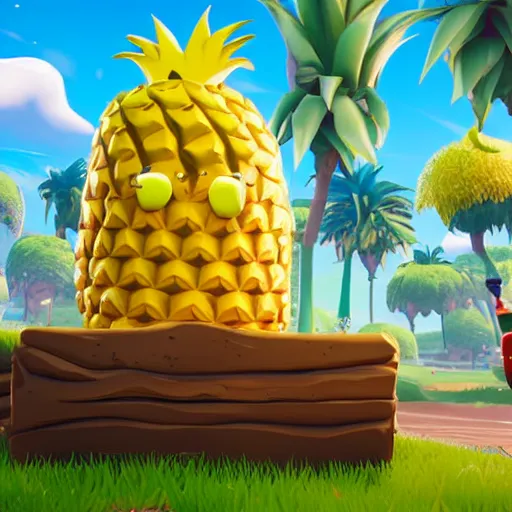 Prompt: anthropomorphic pineapple filled with beans, the bean - filled anthropomorphic pineapple is playing the video game fortnite, there are beans on the ground next to the pineapple