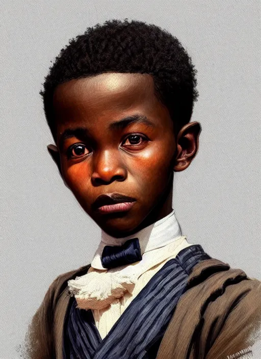 Image similar to a portrait of an african boy with a crooked nose in victorian clothing, confident pose, intricate, elegant, sharp focus, illustration, highly detailed, concept art, matte, trending on artstation, anime, art by james jean and artgerm and brian despain and alberto mielgo, greg rutkowski, wlop, ilya kuvshinov, strong strokes