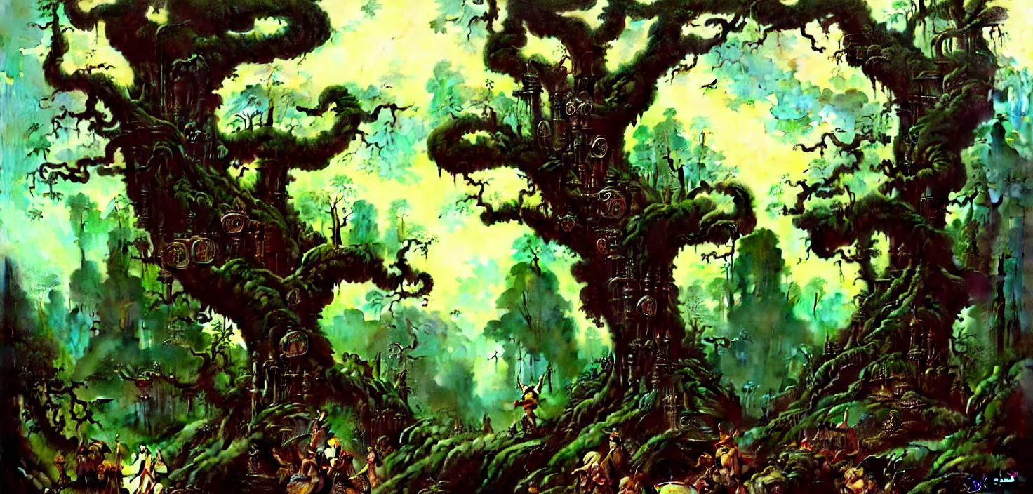 Image similar to exquisite imaginative fantasy landscape lush forests, moody sky, gnarly trees, with steampunk castles movie poster by : : norman rockwell, sargent, james gurney weta studio, trending on artstation james jean frank frazetta