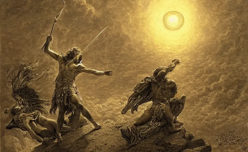 Image similar to highly detailed and cinematic romantic the great greek warrior with a spear piercing the edge of the universe from the book of the long sun by gene wolfe, highly detailed painting by gustave dore