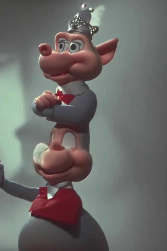 Prompt: porky pig wearing a crown, cinematic lighting, film still