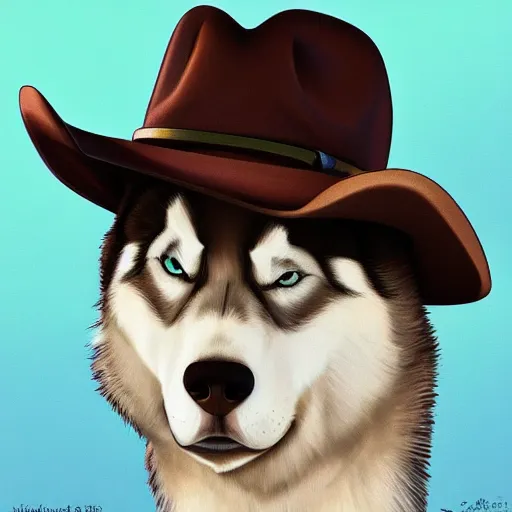 Prompt: a portrait painting of a husky in cowboy costume, wearing a cowboy hat, by studio ghibli, in the style of anime, humanoid, personify, anthropomorphic, trending on artstation