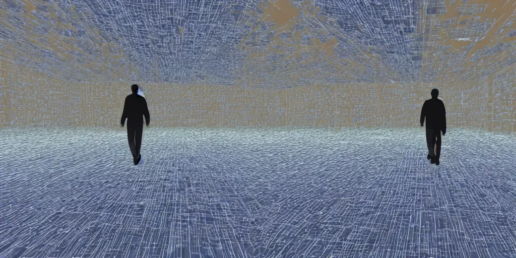 Prompt: Nintendo N64 game, third person, man walking through city, static white noise glitching in the sky