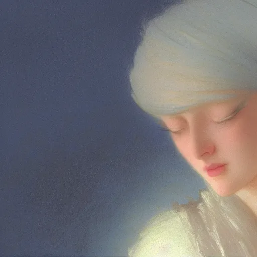 Prompt: a young woman's face, her hair is silver grey and she wears an indigo blue satin cloak, by ivan aivazovsky and syd mead and moebius and gaston bussiere and roger dean and pieter claesz and paul delaroche and alma tadema and aelbert cuyp and glenn fabry, hyperrealistic, volumetric light, octane render