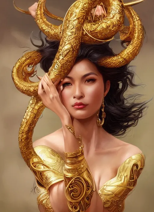Image similar to fullbody!! dynamic movement pose, beautiful ethnic woman with flowing hair, big natural horns on her head, gold jewellery, dnd, face, fantasy, intricate, elegant, highly detailed, digital painting, artstation, concept art, smooth, sharp focus, illustration, art by artgerm and greg rutkowski and alphonse mucha