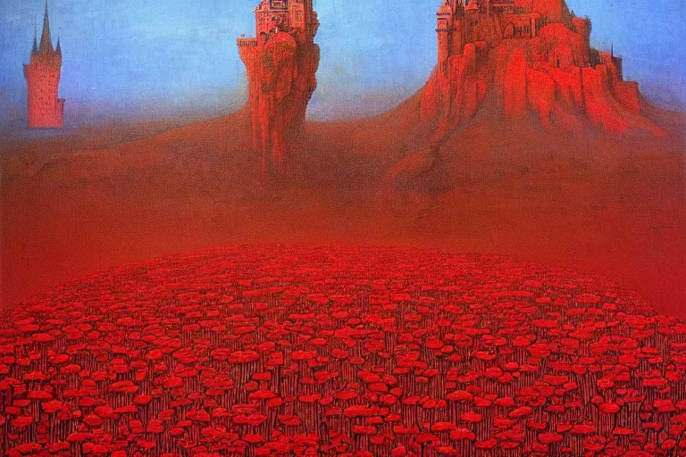 Image similar to only with red, red flowers of different types, a red tiger, a castle in the background, medieval demons dance over the flowers, an ancient path, in the style of beksinski, part by hopper, part by rodcenko, part by hofbauer, intricate composition, red by caravaggio, insanely quality, highly detailed, masterpiece, red light, artstation