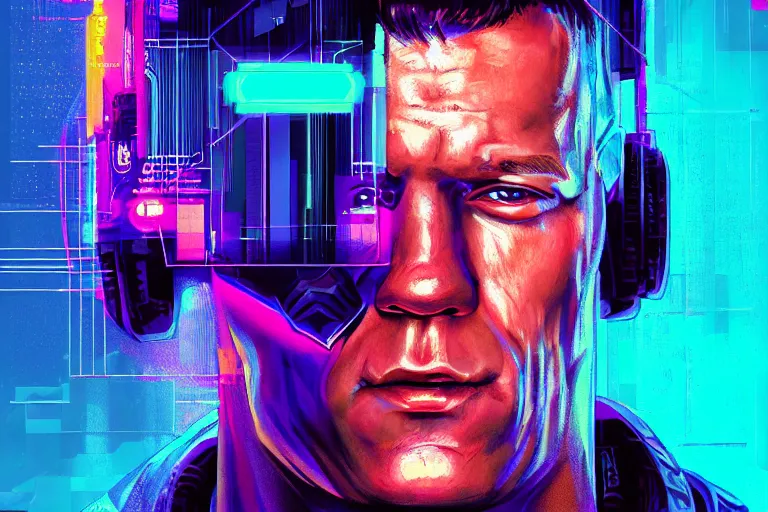 Image similar to a digital portrait of john cena, cyberpunk, glitchcore, synthwave art, artstation art, night, professional light