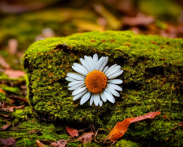 Prompt: dream a daisy in a forest, moss, autumn, warm colors, photography, depth of field