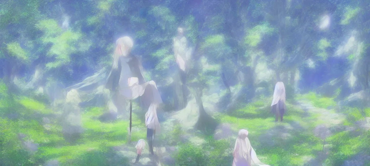 Image similar to illyasviel walking through enchanted ghibli clover | Big Moon at Blue Night | Trees with white flowers | bioluminescent blue FLOWERS | strong blue rimlit | visual-key | anime illustration | highly detailed High resolution | Light Novel | Visual Novel | In the style of Miyama-Zero, Yuuki Hagure