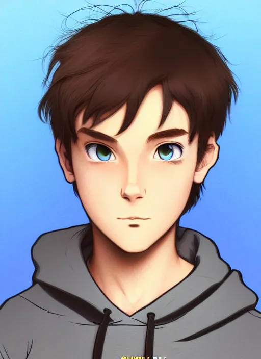 Image similar to teen boy with brown hair and big blue eyes, wearing a black hoodie with cat ears on top of it, natural lighting, path traced, highly detailed, high quality, cartoon, digital painting, by don bluth and ross tran and studio ghibli and alphonse mucha