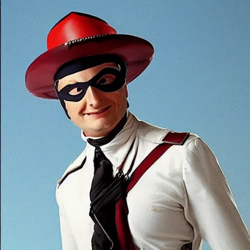 Prompt: Tim Robinson from I think You should Leave, dressed up as the the Lone Ranger outfit and eye mask disguise, photo from the TV show Hot Shots Megee