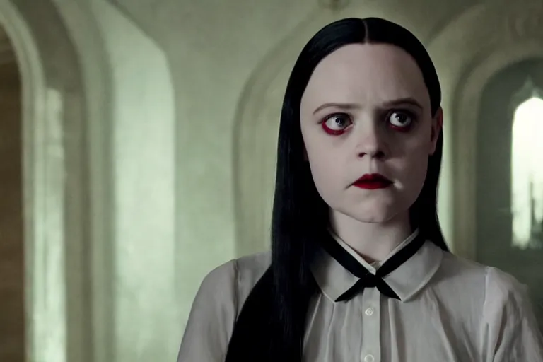 Image similar to a scene of wednesday addams in the haunting of hill house ( 2 0 1 8 ), 8 k, 4 k hd