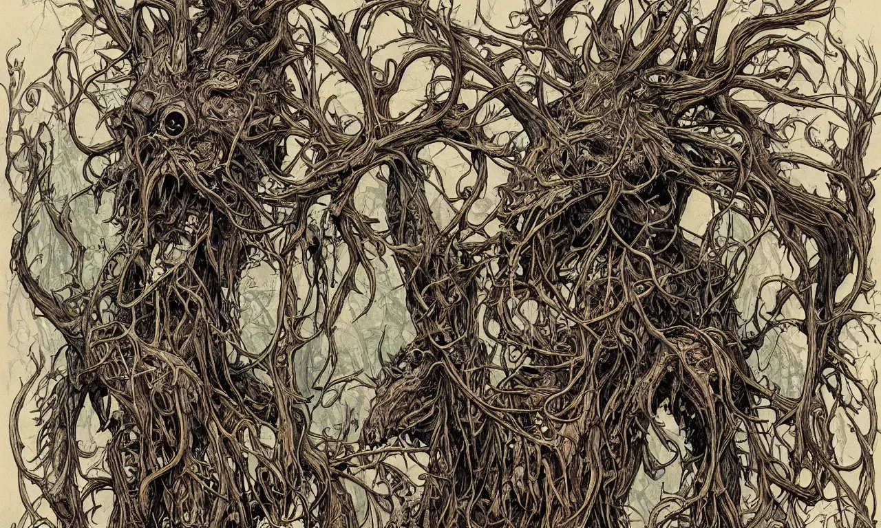 Image similar to hyperdetailed art nouveau portrait of treebeard as a cthulhu eyeball moose skull wendigo cryptid monster, by geof darrow, simon bisley and bill sienkiewicz, grim yet sparkling atmosphere, photorealism, claws, skeleton, antlers, fangs, forest, wild, crazy, horror, lynn varley, lovern kindzierski, steve oliff