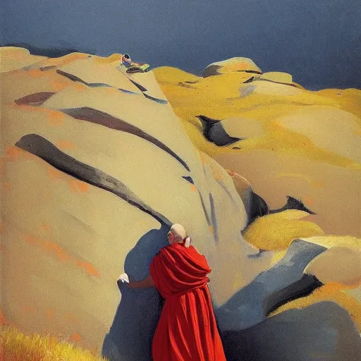 Image similar to sienna portrait of the astute monk crimson and sienna robe ascending the treacherous mountain stairway to the monastery jamie wyeth james gilleard edward hopper oil painting