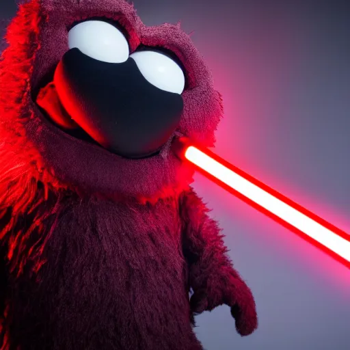 Prompt: Elmo as a dark lord of the sith weilding his red glowing light saber, studio portrait, mysterious lighting, 8K photograph