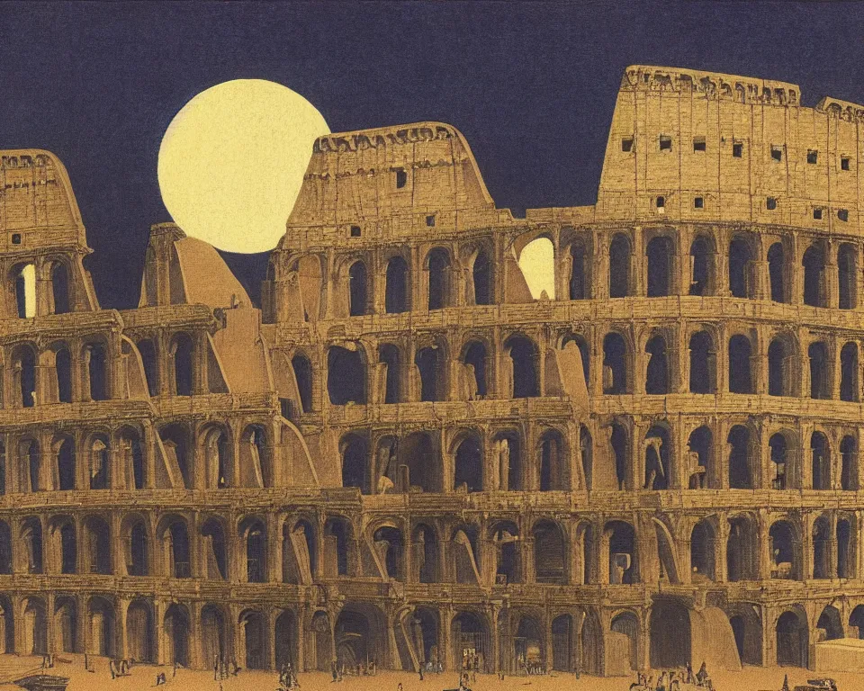 Image similar to beautiful print of the Colosseum bathed in moonlight by Hasui Kawase and Lyonel Feininger.