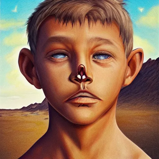 Image similar to a detailed portrait of a tan boy with a small face tattoo in the desert, fantasy art illustration, incredibly highly detailed and realistic, 8 k, sharp focus