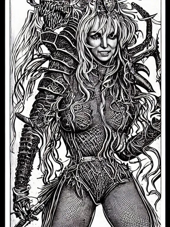 Image similar to britney spears as a d & d monster, full body, pen - and - ink illustration, etching, by russ nicholson, david a trampier, larry elmore, 1 9 8 1, hq scan, intricate details, inside stylized border