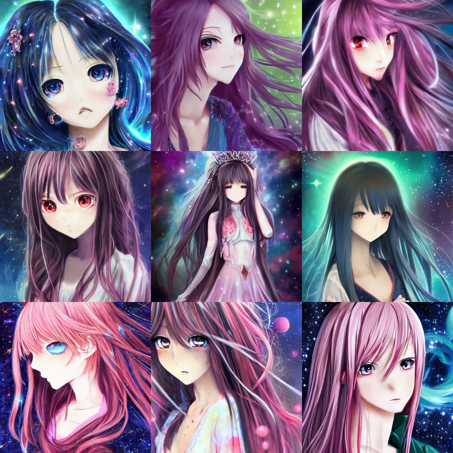 Prompt: anime girl with clothes with cosmic, magic long hair, beautiful and correct and high detail of the face, super - resolution, hsl, 2 - bit, vr, uniform, nano, senary, rtx, insanely detailed and intricate, hypermaximalist, elegant, ornate, hyper realistic, super detailed, full body, full body shot, full image, full art