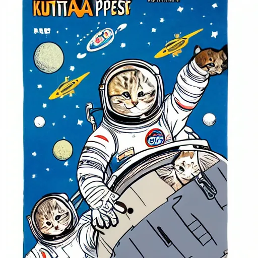 Image similar to pulp illustration of kittens in space suits on the moon