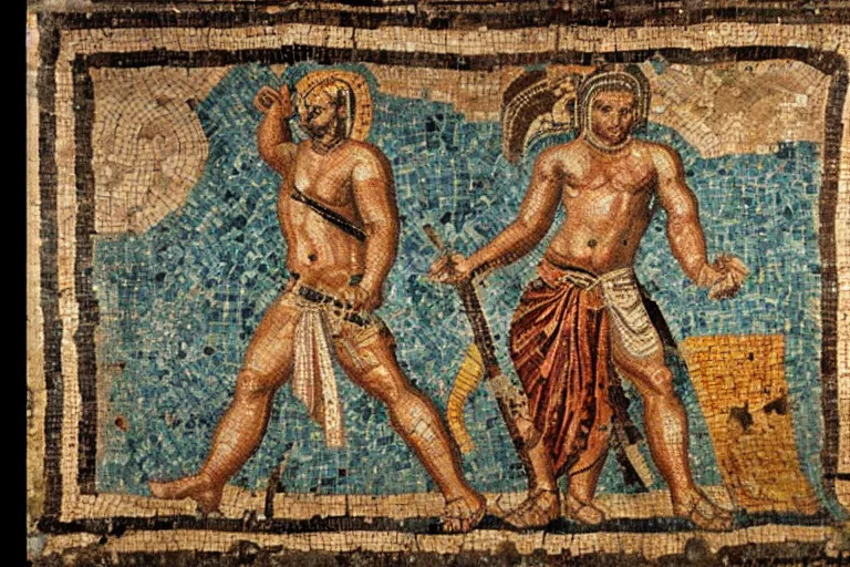 Prompt: ancient roman mosaic of the god mars with a spear