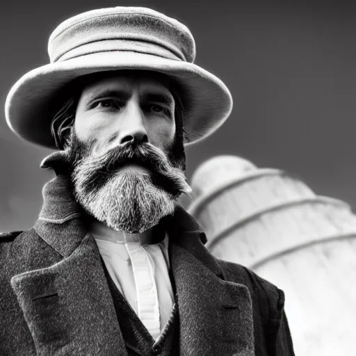 Image similar to Live Action Still of Jerma985 in a film as a Lighthouse Keeper with an overcoat, hat, and beard, black and white, hyperrealistic, ultra realistic, realistic, highly detailed, epic, HD quality, 8k resolution, body and headshot, film still