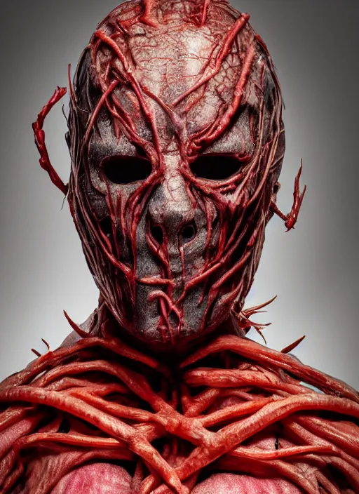 Prompt: portrait of a Slipknot mask with translucent skin, visible muscles and veins and arteries and bones and spines and nerves, beautiful detailed intricate insanely detailed octane render, 8k artistic photography, photorealistic, chiaroscuro, by David Cronenberg, Raphael, Caravaggio