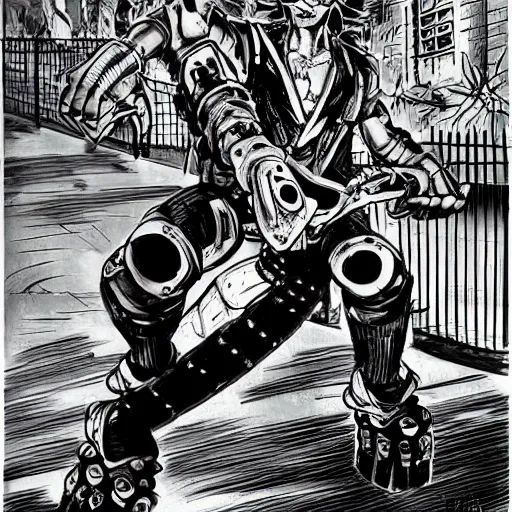 Image similar to a beautiful painting of a chainsawman with chainsaw arms posing for a picture on a city street by hirohiko araki, detailed line art, jojos bizarre adventure