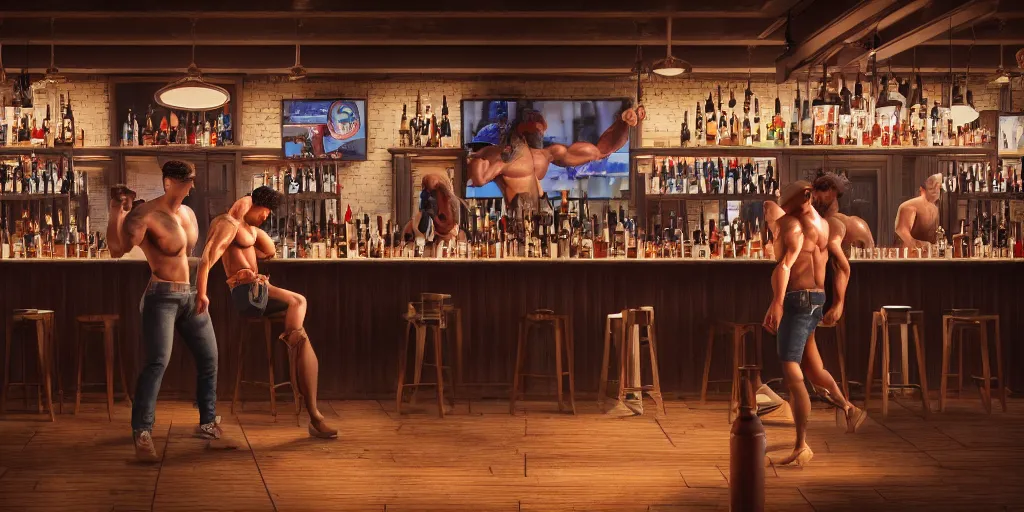 Image similar to a photo of a bar fight inside a pub between attractive people of diverse ethnicities, Leica, symmetrical faces, muscles, detailed faces, accurate faces, 4k, 3D render, hyperrealism, editorial, photorealistic, crisp details, sharp focus, wide angle lens, octane render, cinematic lighting