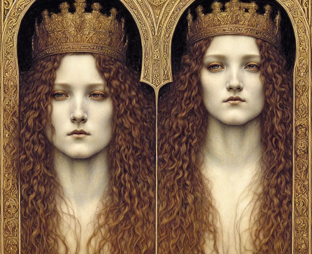 Image similar to detailed realistic beautiful young medieval queen face portrait by jean delville, gustave dore and marco mazzoni, art nouveau, symbolist, visionary, gothic, pre - raphaelite. horizontal symmetry