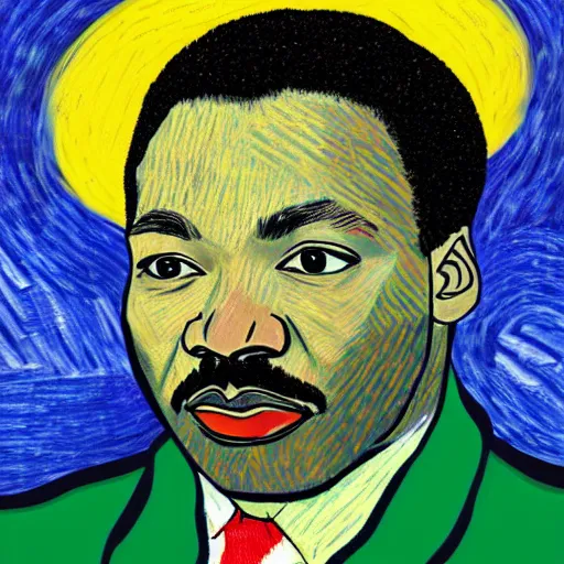 Prompt: an artistic portrait of martin luther king, smiling, high quality, studio photography, colorful, hero, heroic, beautiful, in the style of vincent van gogh