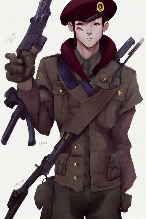 Image similar to beautiful portrait commission of a male furry anthro!!! fruit bat wearing military clothes and a maroon beret. Active Warzone with guns and explosions Atmospheric. Character design by charlie bowater, ross tran, artgerm, and makoto shinkai, detailed, inked, western comic book art. male furry anthro!!! fruit bat