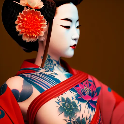 Image similar to an android geisha in a lotus position wearing a flowing kimono and tattoos, octane render, unreal engine, 8 k, cinematic, artwork by ilya kuvshinov